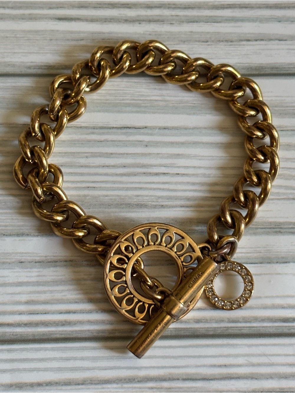 Gold-Tone Chain Toggle Bracelet with Pave Circle Charm